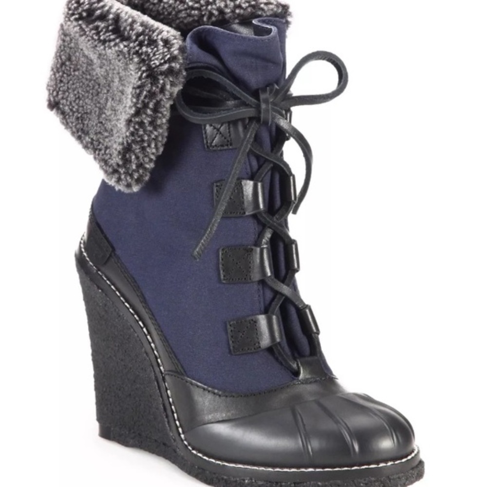 Tory Burch Fairfax Black/Navy Wedge Boots Size 7
